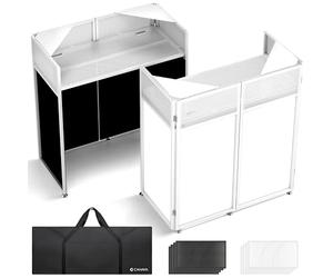 CAHAYA DJ Booth Stand Portable - DJ Table Facade with Black & White Scrims DJ Stand Foldable for Laptop & Controller Double Top Corners, Storage Bag, Cable Holes, 104 x 52 cm, White