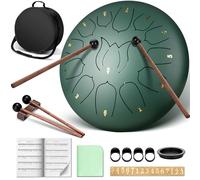 CAHAYA Steel Tongue Drum 12 Inch 13 Tones - Steel Percussion Instrument for Children Comes with Music Book Chopsticks Fingerboard and Hand Drum Bag for Meditation Yoga, Dark Green