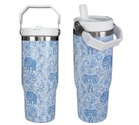 cahduenx 30 oz Elephant Tumbler with Straw Handle, Boho White Elephant Christmas Gifts for Women, Stainless Steel Insulated Water Bottle Coffee Cups for Home Office Travel(Blue)