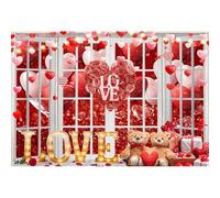 Caheansi 10x6.5 ft Valentine's Day Backdrop White Window Red Love Hearts Rose Petal Bear Phtography Backdrop for Baby Shower Birthday Proposal Wedding Anniversary Party Decorations Banner Photo Props