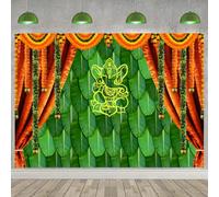 Caheansi 7x5 ft Pooja Backdrop India Diwali Ganpati Ganesh Marigold Puja Photography Background Green Banana Leaf Chatiya Ganesh Traditional Festival Wedding Party Decorations Photo Booth