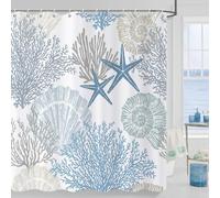 Caheansi Nautical Coastal Shower Curtain, Blue Ocean Beach Seashell Starfish Themed Bathroom Curtain Waterproof Fabric Machine Washable with Hooks, 72" Wx72 L