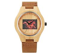 CAIDAI&YL Natural Bamboo Wood Men Watch Round Dial Leather Band Mens Wooden Wristwatches,Horse Brown
