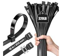 Caiery 100 x Large 450mm x 10mm Long Cable Ties UV Resistant Ultra Strong 100kg Tensile Strength Black