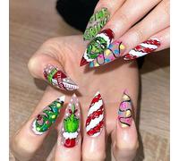 Caiguoer 24 Pcs Christmas False Nails Red Long Fake Nails Santa Hat Press on Nails for Woman (B, One size)