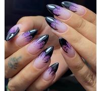 Caiguoer 24 pcs Pointed Black Halloween Fake Nails Ghost False Nails Dark Long Press on Nails for Women and Girls (A, One size)