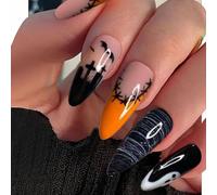 Caiguoer 24 pcs Pointed Black Halloween Fake Nails Ghost False Nails Dark Long Press on Nails for Women and Girls (B, One size)
