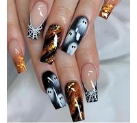 Caiguoer 24 Pcs Square Cobweb Halloween Fake Nails Ghost Pumpkin False Nails Long Press on Nails for Women and Girls (A, One Size)