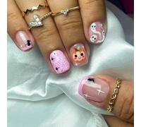 Caiguoer 24 Pcs Square Cobweb Halloween Fake Nails Ghost Pumpkin False Nails Press on Nails for Women and Girls (A, One Size)