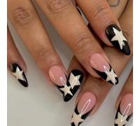 Caiguoer 24pcs Almond Fake Nails Five Star Shape False Nails Long French Press on Nails for Women and Girls