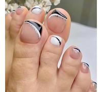 Caiguoer 24pcs Nude Fake Toe Nails Square French False Toenails Black and White Pairing Press on Toenails for Women and Girls