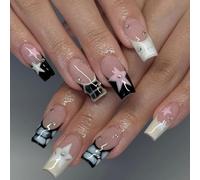 Caiguoer 24pcs Square Fake Nails Five Five Star Shape False Nails Long French Press on Nails for Women and Girls