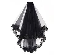 Caiguoer Black Lace Wedding Veil,2 Tier Gothic flower Bride Veil Halloween Party Veil with Comb Cosplay Veil Accessories for Women and Girls (A)