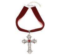 Caiguoer Gothic Silvery Vintage Cross Necklace Large Engraved Flower Cross Collar Necklace Halloween Accessories for Women and Girls (Red)
