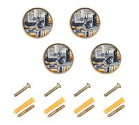 Caihoyu 4 Pack Furniture Handles and Knobs 1.26 Inch Vintage Control Knob for Cupboards Construction Scene Build Tall Buildings Bulldozer
