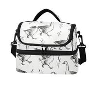 Caihoyu Double-layer Cooler Tote Bag Black-and-white gooses Pattern Heavy-duty Oil-resistant Lunch Bags with Side Tissue Pocket for