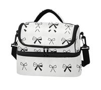 Caihoyu Double-layer Insulated Lunch Bag Black White Bow Reusable Boxex with Side Tissue Pocket for Men Work Camping Beach Travel