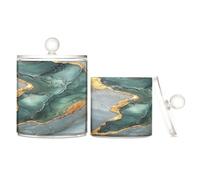 Caihoyu Marble Green Gray Clear Plastic Food Organizer Storage with lid Dresser Essentials Decorative Dental Floss Storage Jar for Cotton Swabs,Cotton Pad2 Pack