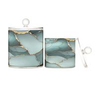 Caihoyu Marble Green Grey Clear Plastic Makeup Organizer Storage with lid Dresser Essentials Decorative Dental Floss Storage Jar for Cotton Swabs,Cotton Pad2 Pack