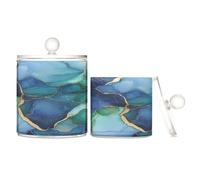 Caihoyu Marble Green Royal Blue Clear Plastic Storage Boxes with lid Pantry Essentials Decorative Dental Floss Storage Jar for Cotton Swabs,Cotton Pad2 Pack