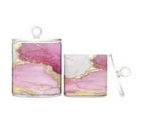 Caihoyu Marble Hot Pink White Clear Plastic Storage Container Jars with lid Pantry Essentials Decorative Dental Floss Storage Jar for Cotton Swabs,Cotton Pad2 Pack