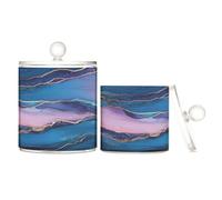 Caihoyu Marble Navy Blue Pink Clear Plastic Makeup Organizer Storage with lid Pantry Essentials Decorative Storage Bins for Cotton Swabs,Cotton Pad2 Pack