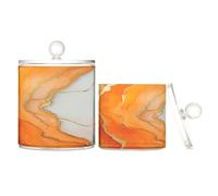 Caihoyu Marble Orange White Clear Plastic Storage Container with lid Office Essentials Decorative Dental Floss Storage Jar for Cotton Swabs,Cotton Pad2 Pack