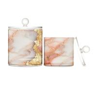 Caihoyu Marble Peach White Clear Plastic Candy Organizer Storage with lid Dresser Essentials Decorative Dental Floss Storage Jar for Cotton Swabs,Cotton Pad2 Pack