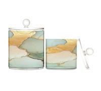Caihoyu Marble Sage Green Yellow Clear Plastic Bins for Storage with lid Dresser Essentials Decorative Dental Floss Storage Jar for Cotton Swabs,Cotton Pad2 Pack