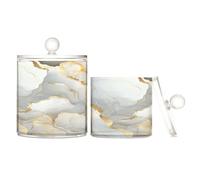 Caihoyu Marble White Neutral Clear Plastic Food Organizer Storage with lid Office Essentials Decorative Dental Floss Storage Jar for Cotton Swabs,Cotton Pad2 Pack