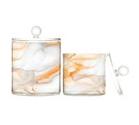Caihoyu Marble White Orange Clear Plastic Makeup Organizer Storage with lid Office Essentials Decorative Dental Floss Storage Jar for Cotton Swabs,Cotton Pad2 Pack