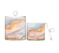 Caihoyu Marble White Peach Clear Plastic Food Organizer Storage with lid Pantry Essentials Decorative Dental Floss Storage Jar for Cotton Swabs,Cotton Pad2 Pack