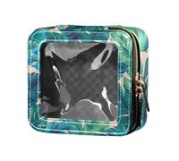 Caihoyu Mini Transparent Leather Cosmetic Bag with Tropical Plant Leaves Turquoise Green Portable Travel Makeup Organizer, Multi, 1 Size, Colorful, multi-coloured, 1 size, Colorful