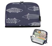 Caihoyu Pencil Pen Case Large Capacity Storage Bag Multifunctional Holder for Teen Elementary Doodle Fish Pattern