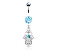 Caijewl - 14GA Stainless Steel CZ Crystal Hamsa Hand Dangling Belly Button Ring Light Blue