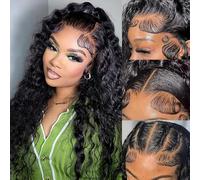 Caijuxing Deep Wave Lace Front Wig Human Hair 200 Density 13x4 HD Transparent Lace Frontal Wig Human Hair Pre Plucked Deep Curly Glueless for Black Women Natural Color 24 Inch