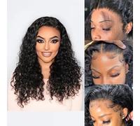 Caijuxing Water Wave 33 x 15 cm HD Lace Front Wig Human Hair 200% Density Short Curly Bob Wig Human Hair Lace Frontal Wig for Black Women Deep Wave Pre Plucked Glueless