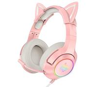 CAIKEZI SIMGAL Pink Gaming Headset with Mic, Compatible with PS4 PS5 One(Adapter Not Included) PC Mobile Phone, Removable Cat Ear Surround Sound Headphone with RGB for Girls Women