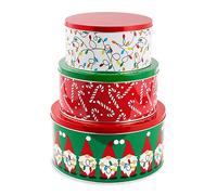CAIKEZI Steel Mill & Co Tin Containers with Lids, 3 Pack Christmas Cookie Tins, Festive Cookie Tins for Gift Giving & Holiday Treats, Round Metal Nesting Containers, Large Medium Small (Gnome)