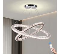 Cainjiazh 23.6'' Dimmable Oval Crystal Chandelier 2-Ring LED Pendant Island Light with Remote & App Control, 3-Color 2500K-6500K, Adjustable Height for Kitchen Dining Living Room Bedroom