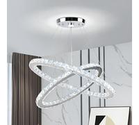 Cainjiazh 23.6'' Oval Crystal Chandelier, 2-Ring LED Pendant Island Light, 6500K Cool White Non-Dimmable Modern Ceiling Lighting for Kitchen Island Dining Room Living Room Bedroom