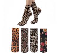 CAIRF 4 Pairs Women's Leopard Snake Print Vintage Floral Print Short Stockings, Ultra Thin Breathable Anti-Hook Short Socks, Sexy High Elasticity Colourful Socks, multicoloured, 35-41