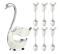 CAIRIAC Silver White Swan-shaped Metal Decorative Dessert Spoons with Swan Base Holder, Set of 6, 4.2 Inch