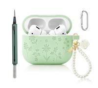 CAISATEQ® Compatible with AirPods Pro 3 Case 2025, Cute Floral Engraved Soft Silicone Cover with Rose Pearl Keychain and Cleaning Kit, Shockproof and Dustproof, 6 Colors (Matcha Green)