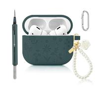 CAISATEQ® Compatible with AirPods Pro 3 Case 2025, Cute Floral Engraved Soft Silicone Cover with Rose Pearl Keychain and Cleaning Kit, Shockproof and Dustproof, 6 Colors (Pine Green)