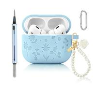 CAISATEQ® Compatible with AirPods Pro 3 Case 2025, Cute Floral Engraved Soft Silicone Cover with Rose Pearl Keychain and Cleaning Kit, Shockproof and Dustproof, 6 Colors (Light Blue)