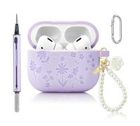 CAISATEQ® Compatible with AirPods Pro 3 Case 2025, Cute Floral Engraved Soft Silicone Cover with Rose Pearl Keychain and Cleaning Kit, Shockproof and Dustproof, 6 Colors (Lavender)