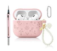 CAISATEQ® Compatible with AirPods Pro 3 Case 2025, Cute Floral Engraved Soft Silicone Cover with Rose Pearl Keychain and Cleaning Kit, Shockproof and Dustproof, 6 Colors (Light Pink)