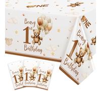 Caisehabu 3 Pcs Beary First 1st Birthday Decorations Tablecloths, Brown Teddy Bear One Year Old Large Size Table Cloths Rectangular Plastic Tablecloth 54 x 108 Inch