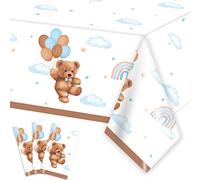 Caisehabu 3 Pieces Teddy Bear Baby Shower Tablecloths Plastic Table Cover, Boho Brown Blue Birthday Party Decorations Supplies for Boys Kids Large Size 108×54 Inch Rectangular